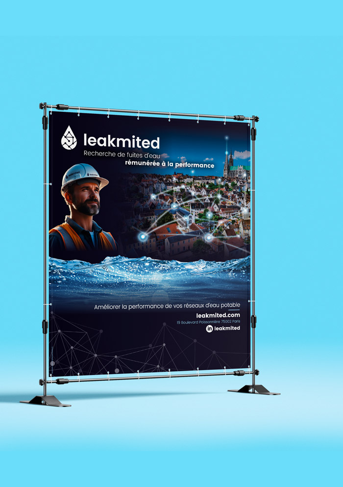 Stand photocall en bâche M1 pour Leakmited - Dimensions 2x2,4m